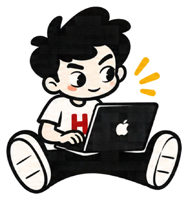 Hungry Boy Media mascot working on a laptop